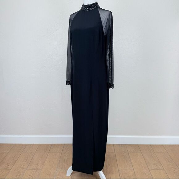 Vintage Black Tie Oleg Cassini Dress w/ Sheer Long Sleeves Beaded Detail Maxi - Picture 3 of 16